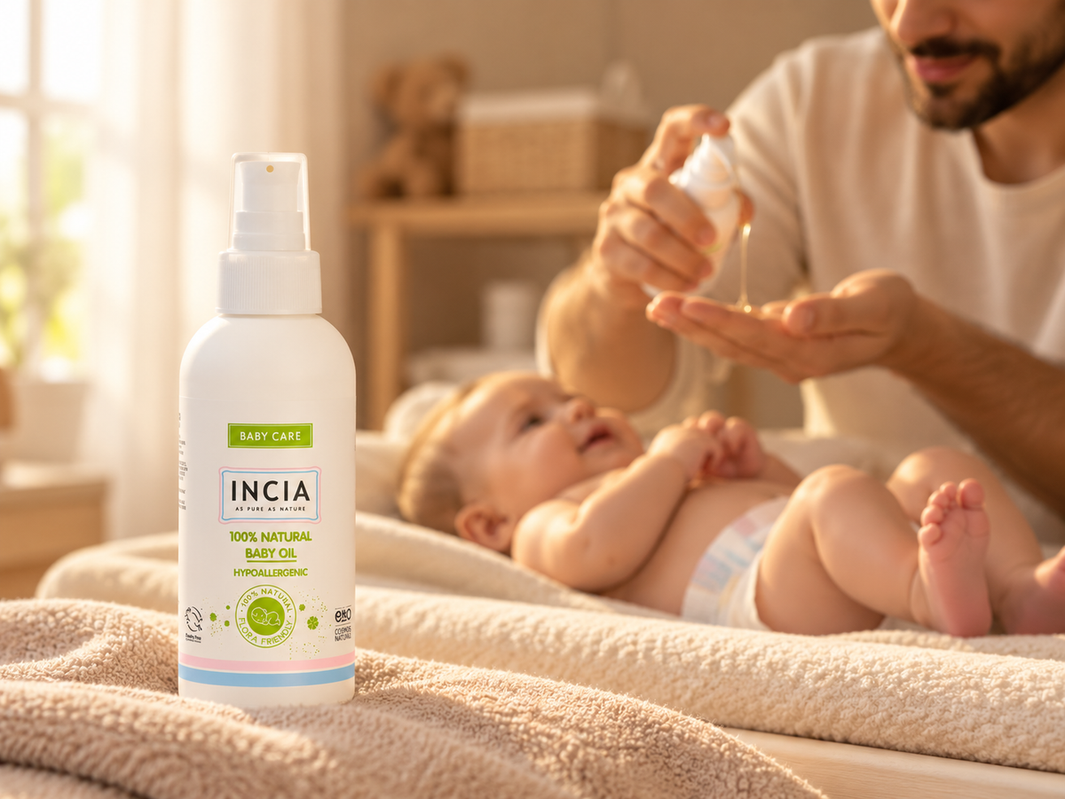 Vader die zich klaarmaakt om te masseren met INCIA Natuurlijke Baby Olie